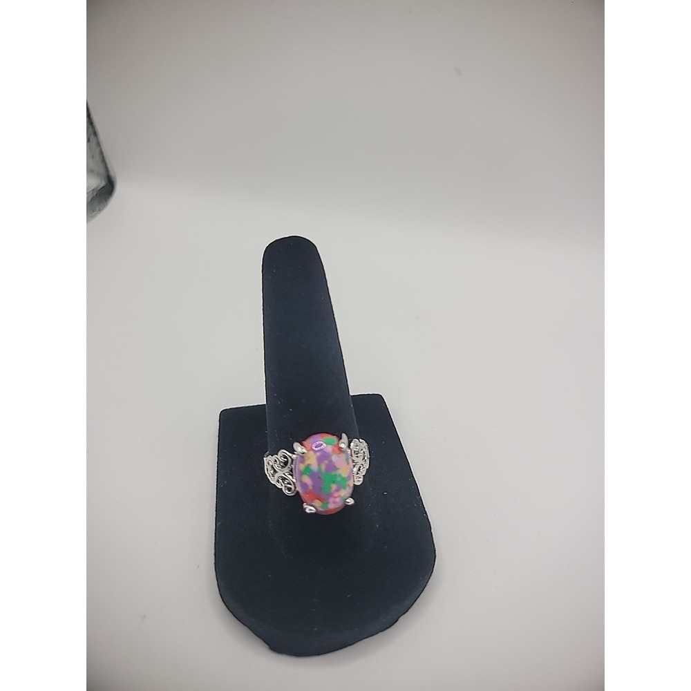 Vintage Ring Pink Green Easter Egg Stone Silver Tone Size 7.5‎ Jewelry Costume